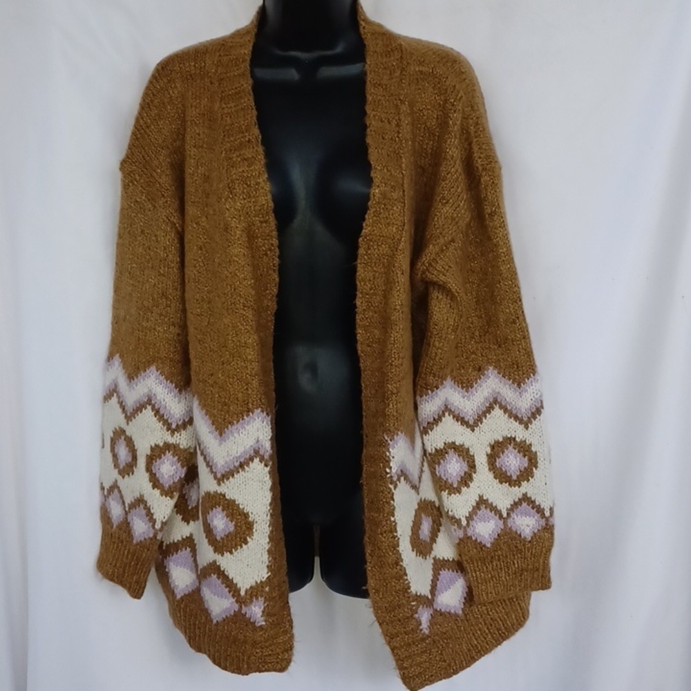 ee:some Open front chunky cardigan - M/L, brown/cream/lilac, geometric design